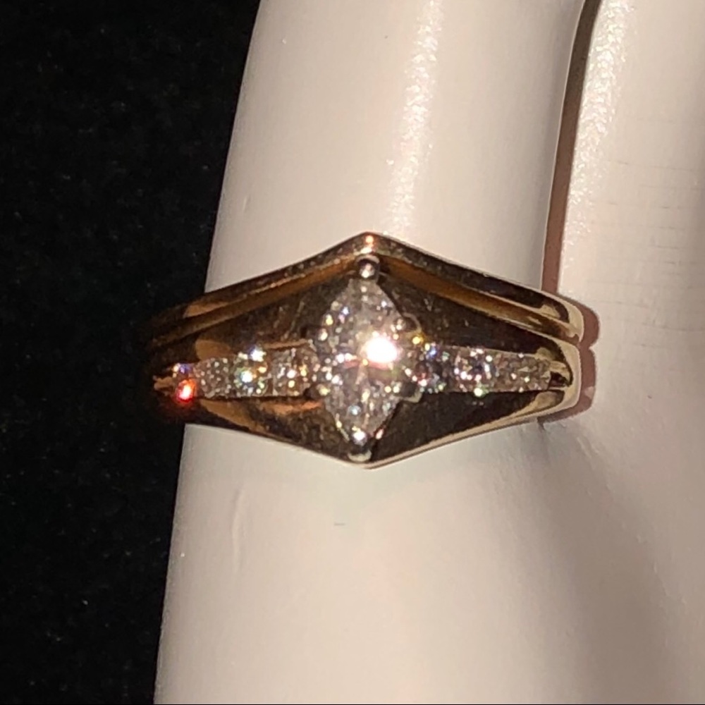14K Gold Diamond Wedding Band Set, Marquise & Rounds